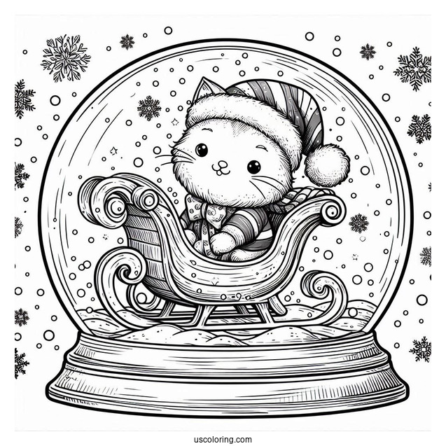 Santa Cat On A Sleigh Snow Globe Coloring Page