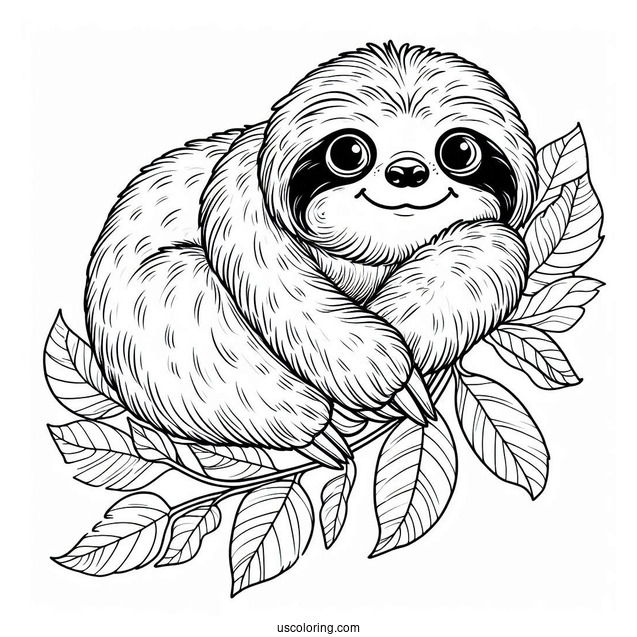Adorable Sloth With Leaves Coloring