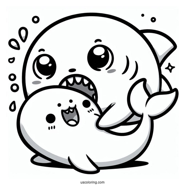 Kawaii Cartoon Shark Play Biting A Sea Lion Coloring Page For Kids