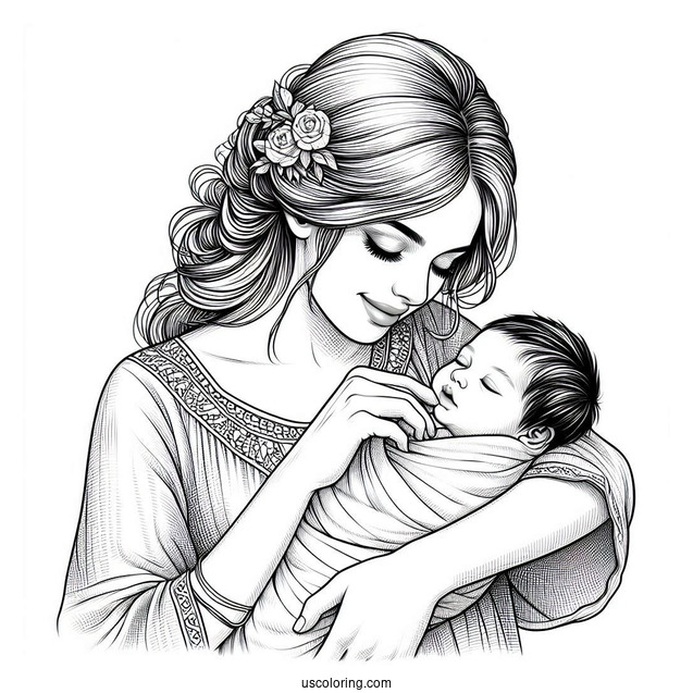 Realistic Woman Holding Newborn Baby Coloring Page