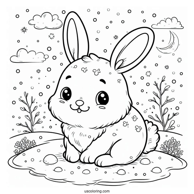 Smiling Rabbit Coloring Page In The Snow For Preschoolers