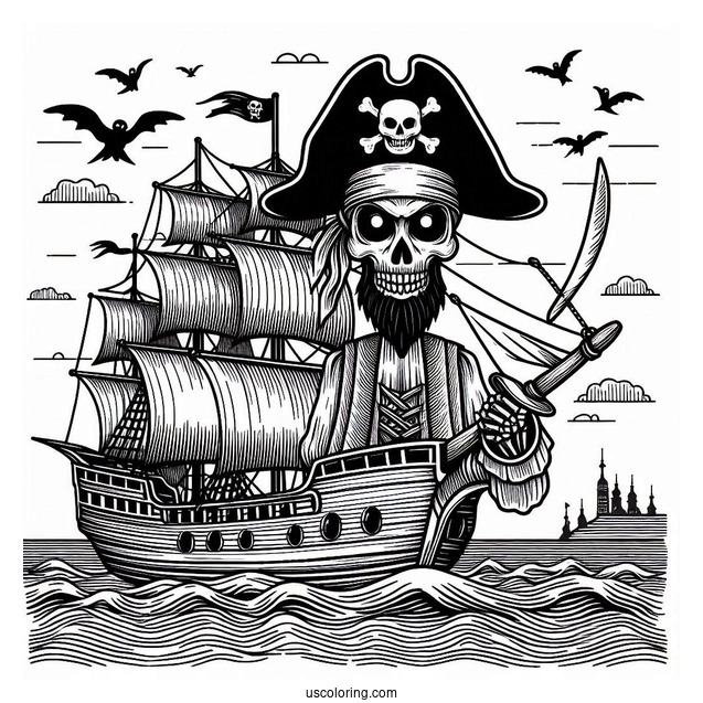 Scary Pirate In Front Of A Sailing Pirate Ship Coloring Page