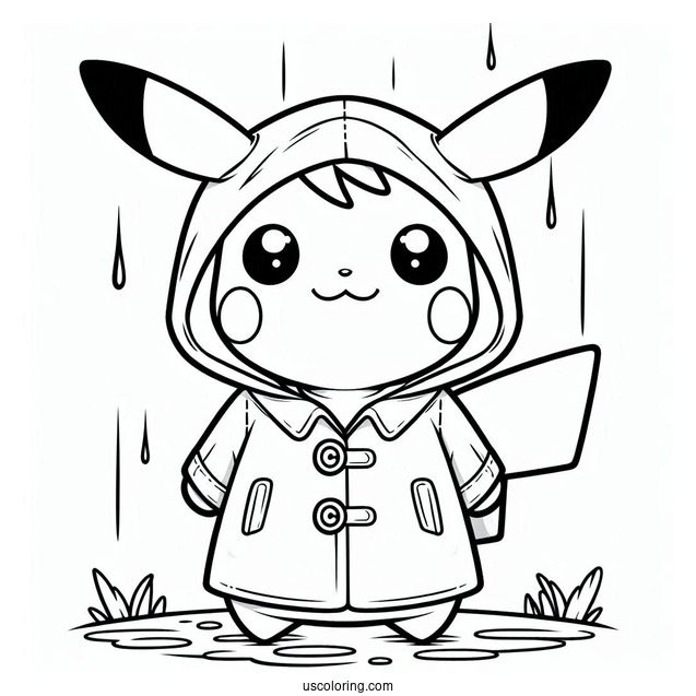 Cute Pikachu Wearing Raincoat Coloring In