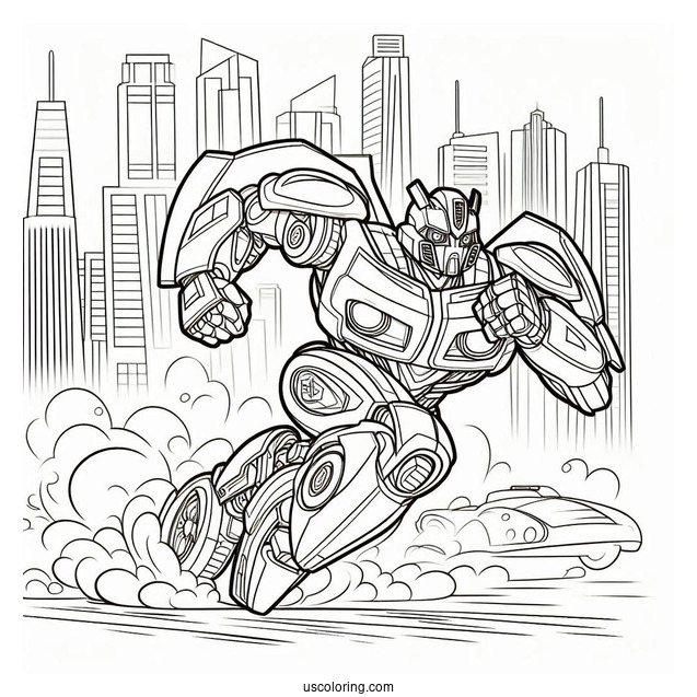 Autobot Bumblebee Coloring Page Running In The City