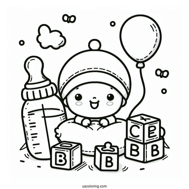 Baby Coloring Page Of Bottle, Pacifier, And Letter Blocks