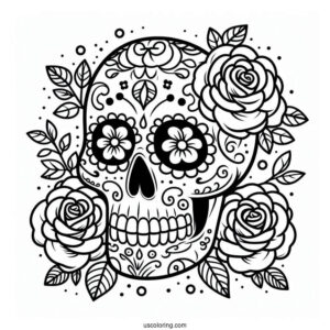 Easy Sugar Skulls Coloring Page With Roses For Kids