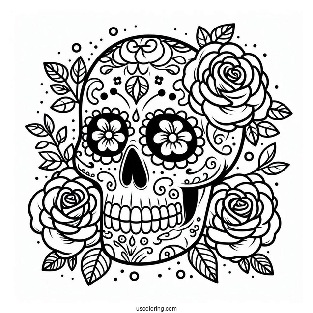 Easy Sugar Skulls Coloring Page With Roses For Kids