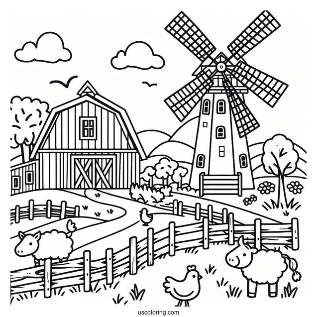 Easy Farm And Windmill To Color