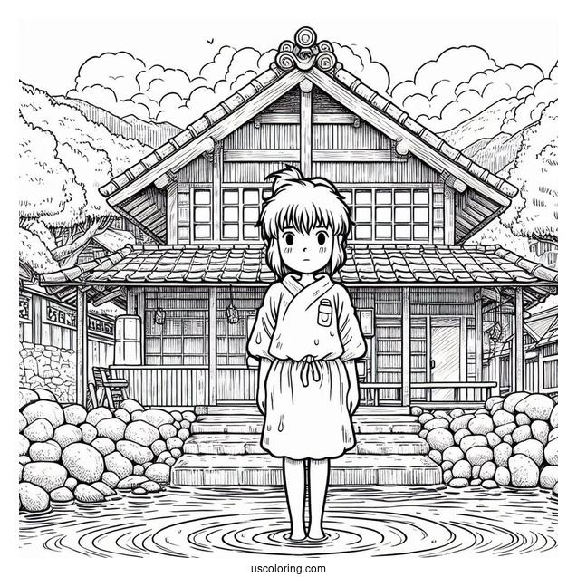 Studio Ghibli Coloring Page of Chihiro Standing In Front Of Bath House