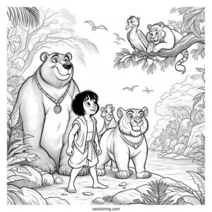 Jungle Book Coloring Page Of Mowgli, Baloo, King Louie, Shere Khan, And Kaa