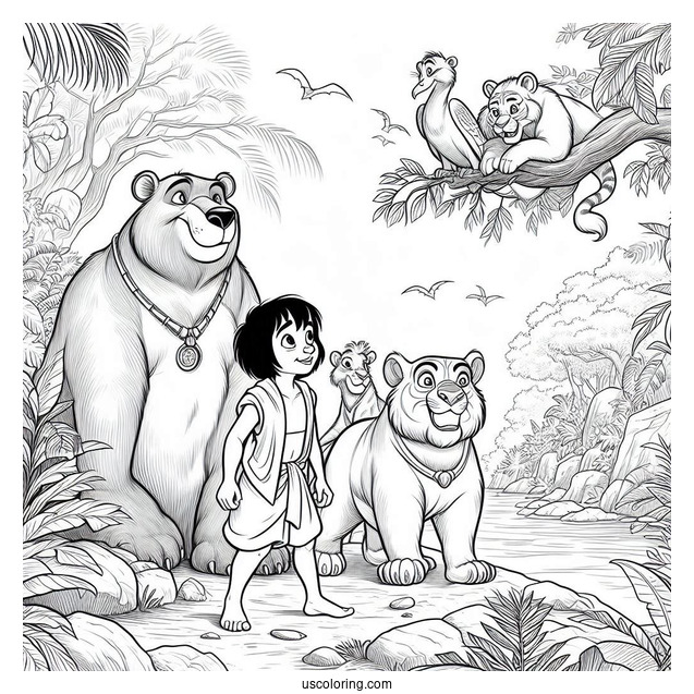 Jungle Book Coloring Page Of Mowgli, Baloo, King Louie, Shere Khan, And Kaa