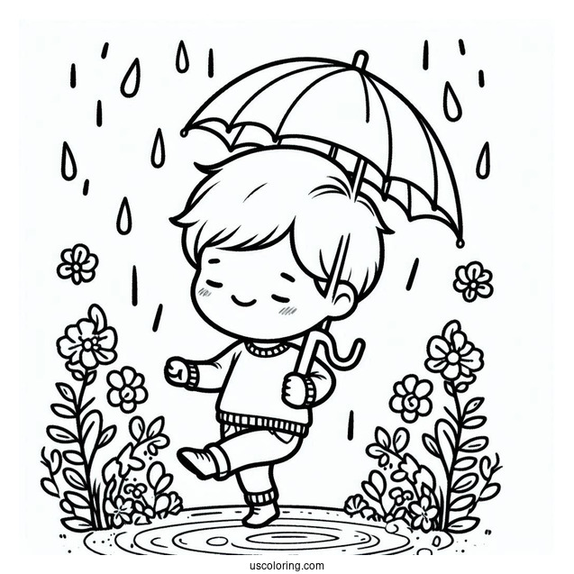 Little Boy Dancing In Spring Coloring Page Rain For Kids