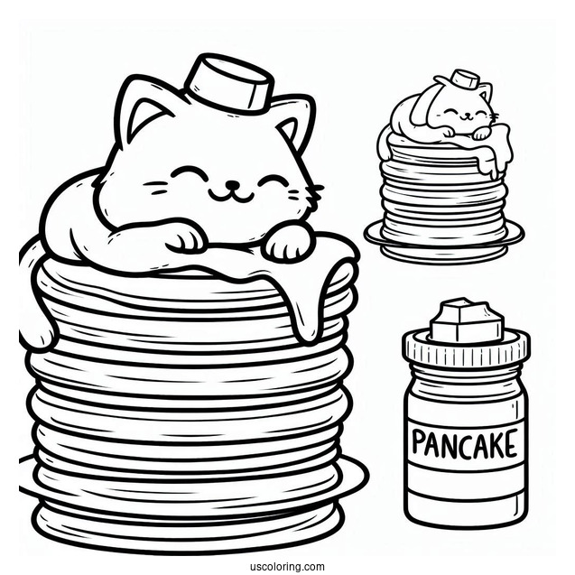 Cat Resting On Top Of Pancake Coloring Page Tower With Melting Butter For Preschoolers