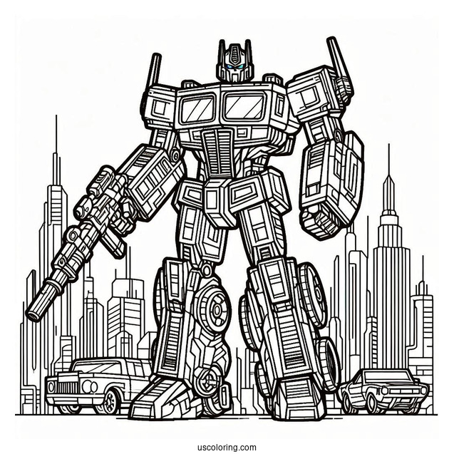 Simple Optimus Prime Coloring Page Outline With Ion Blaster In City