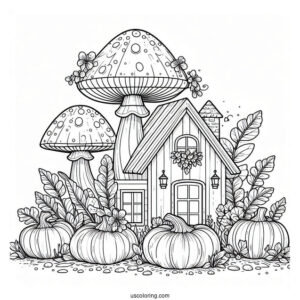 Tiny Houses And Pumpkins Growing On Top Of A Mushroom Coloring Page