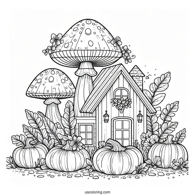Tiny Houses And Pumpkins Growing On Top Of A Mushroom Coloring Page
