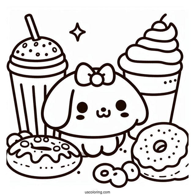 Pompompurin Purin With Muffin, Bagel, And Scone Coloring Page