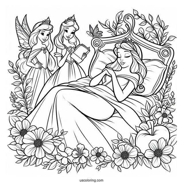 Sleeping Beauty Coloring Page Of Fairy Godmothers Flora, Fauna, And Merryweather Beside Sleeping Beauty