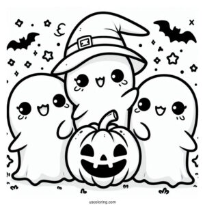 Kawaii Ghosts With Fangs Hanging Around A Jack O Lantern