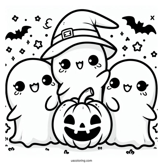 Kawaii Ghosts With Fangs Hanging Around A Jack O Lantern