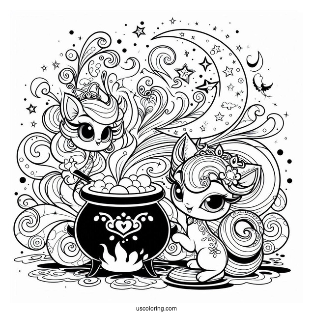 Shimmer And Shine Coloring Page With Smoking Cauldron At The Back With Zeta And Nazboo