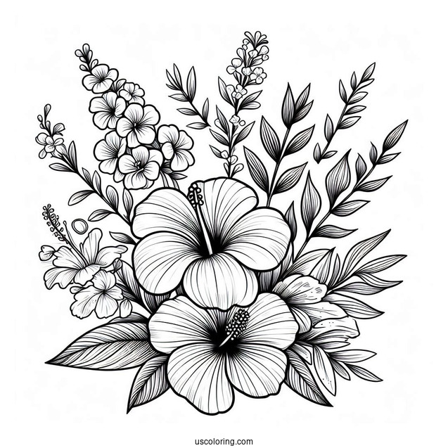 Flower Coloring Pages Of Small Bouquet Of Hibiscus, Lilies, And Wildflowers