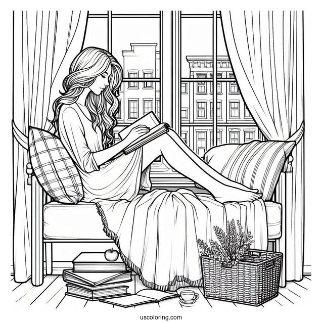 Woman Reading On A Window Bay With Laptops And Books Bedroom Coloring Page