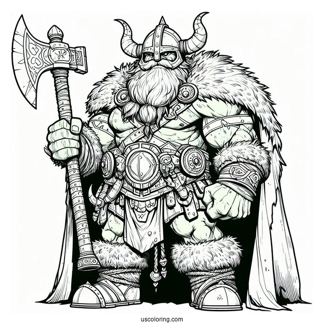 Hulk Coloring Page Wearing A Furry Cape And Holding An Axe