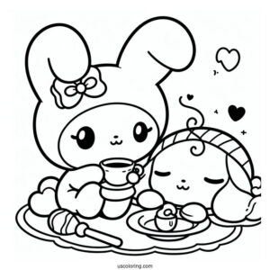 Kawaii My Melody Drinking Tea While Cinnamoroll Sleeps