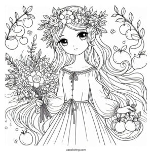 Cute Coloring Page Fashionable Women Holding Flowers And Fruits