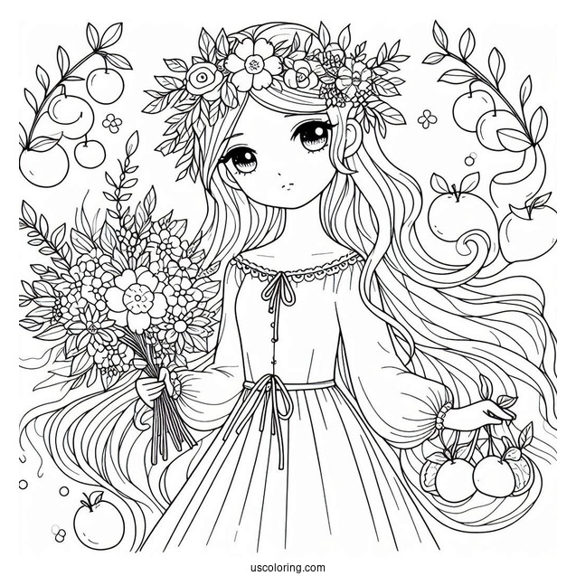 Cute Coloring Page Fashionable Women Holding Flowers And Fruits