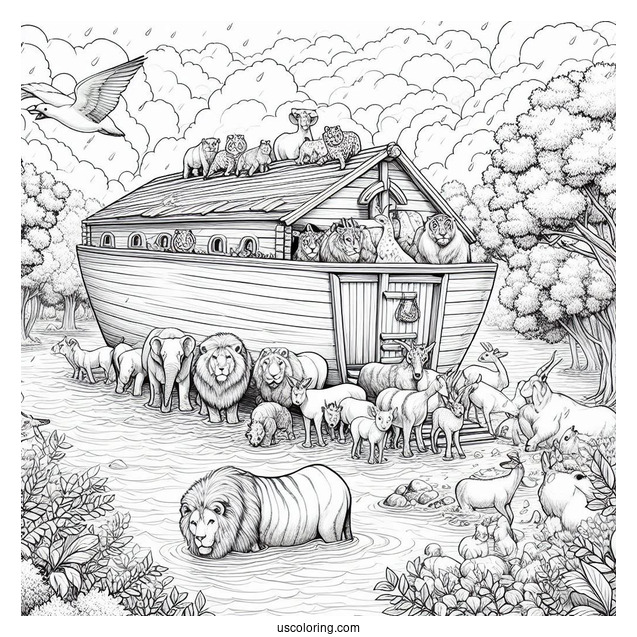 Noah's Ark Coloring Page Of Realistic Animals Outside The Ark After The Flood