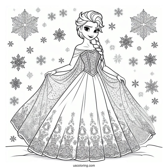 Elsa Stunning Dress With Snowflake Background Coloring Page
