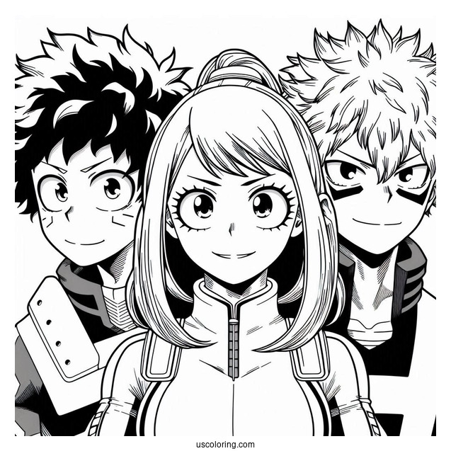 My Hero Academia Coloring Page Of Izuku, Ochako, And Shouto