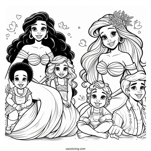 Ariel With Her Entire Family Coloring Sheet