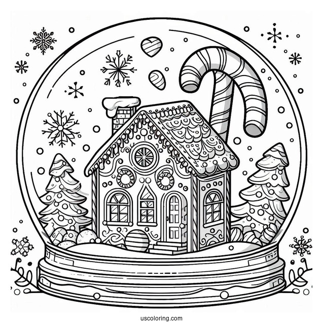 Fancy Gingerbread House With Candy Cane Snow Globe Coloring Page