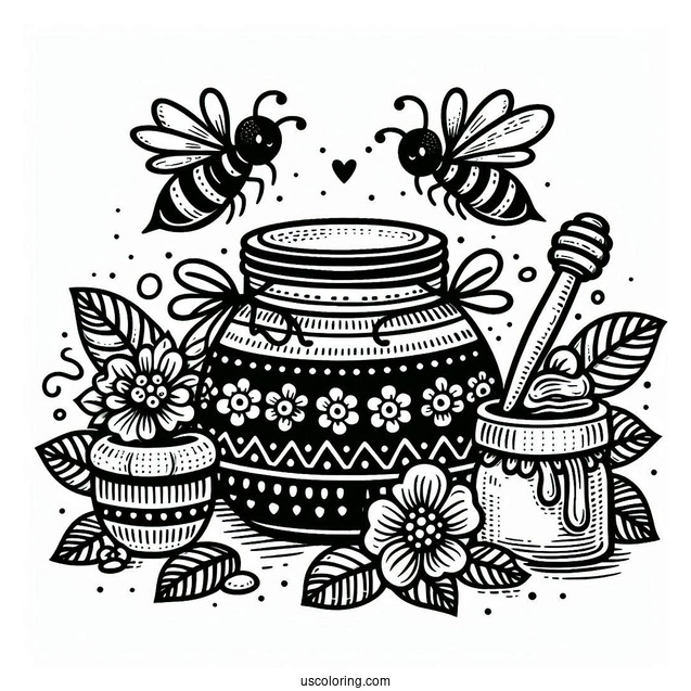 Pot Of Honey From Bee Coloring Page