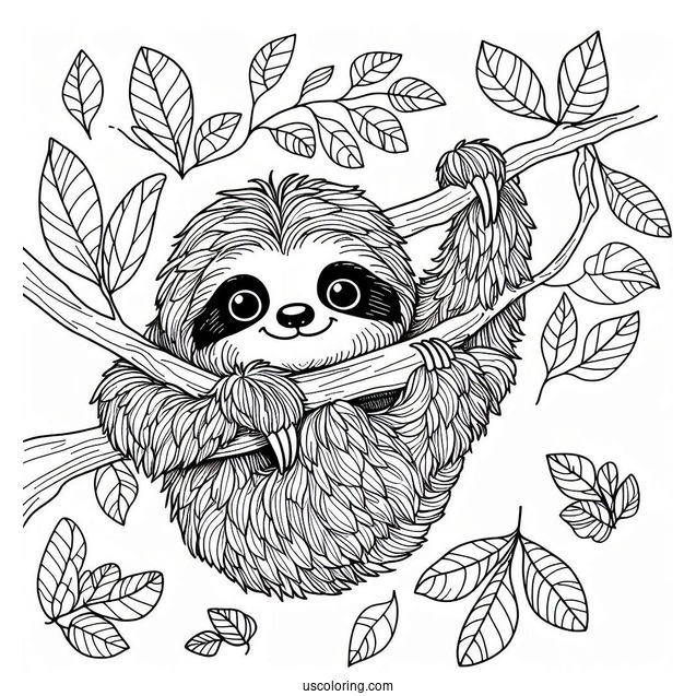 Adorable Sloth With Leaves Coloring