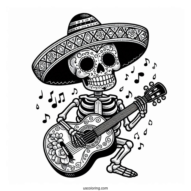 Sugar Skulls Coloring Page Of Skeleton Wearing Sombrero And Playing The Guitar