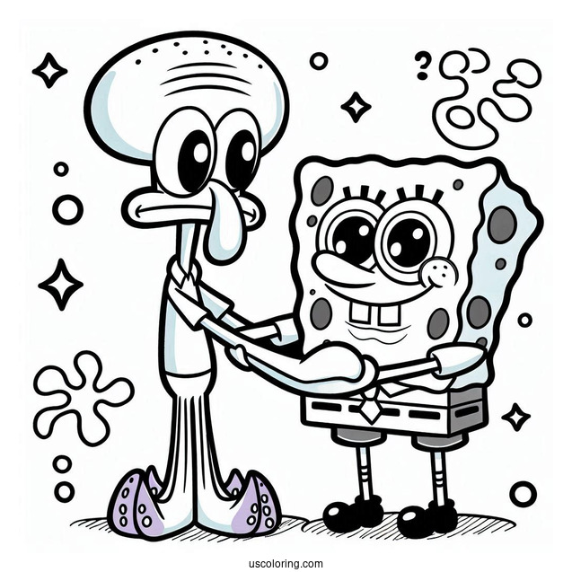 Cute SpongeBob Holding Squidward Coloring Page For Kids