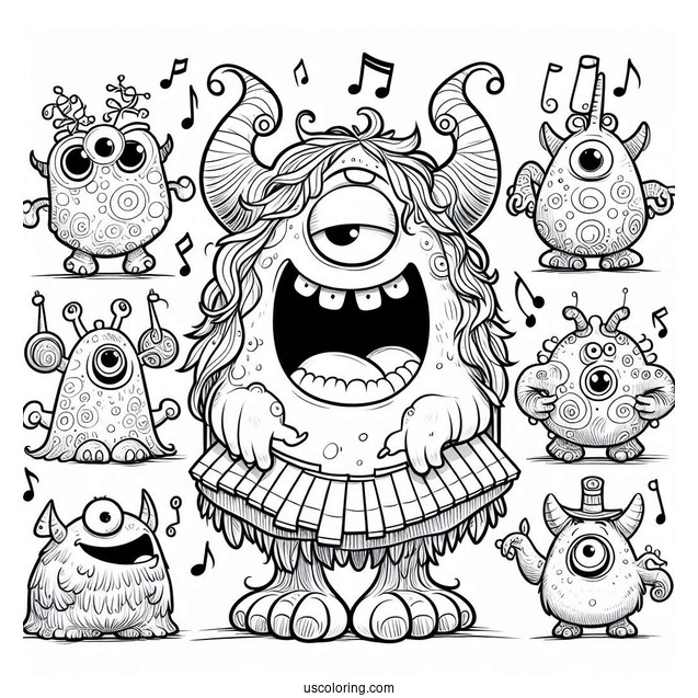 My Singing Monsters Coloring Page Of Mammott, Entbrat, Bowgart, Punkleton, Ghatz, Potbelly, And Noggin