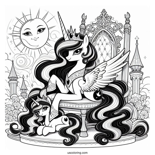 Detailed Princess Luna Coloring Page And Princess Celestia On The Throne