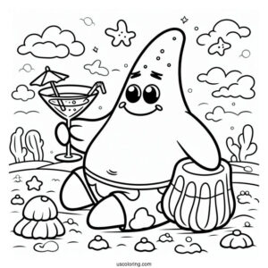 Patrick Star Coloring Page Drinking Cocktail In Front Of Jelly Fields