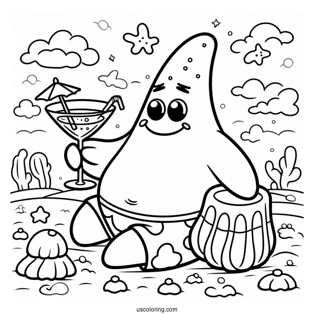 Patrick Star Coloring Page Drinking Cocktail In Front Of Jelly Fields