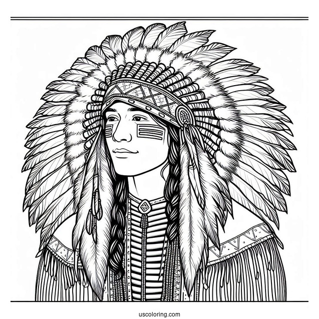 Native American Coloring Page Chief Wearing Headdress And Traditional Clothing Coloring Page