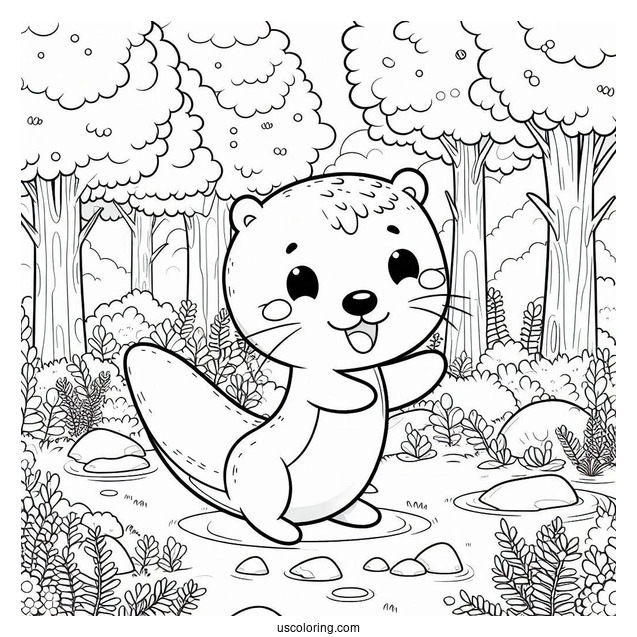 Kawaii Otter Coloring Page In The Forest For Kids