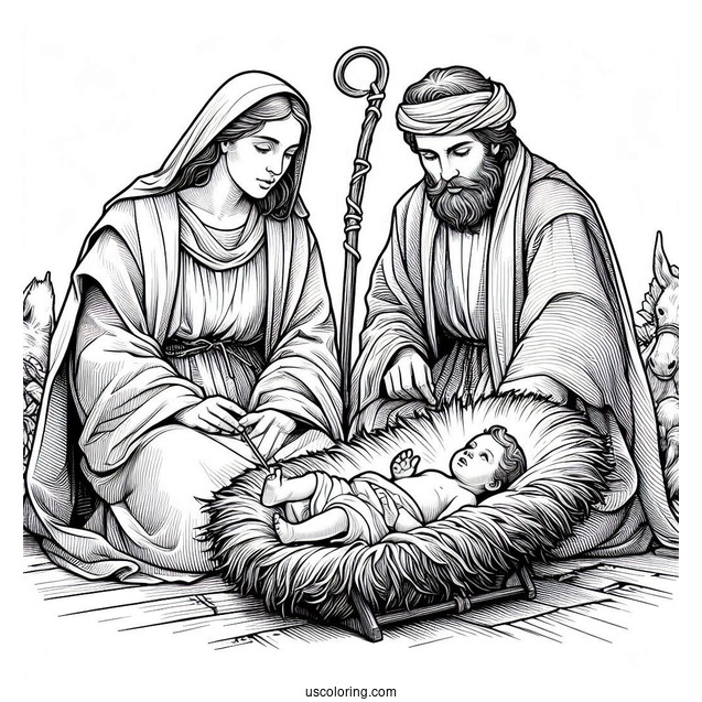 Nativity Coloring Page Of Realistic Wise Men With Joseph And Mary Watching Newborn Jesus