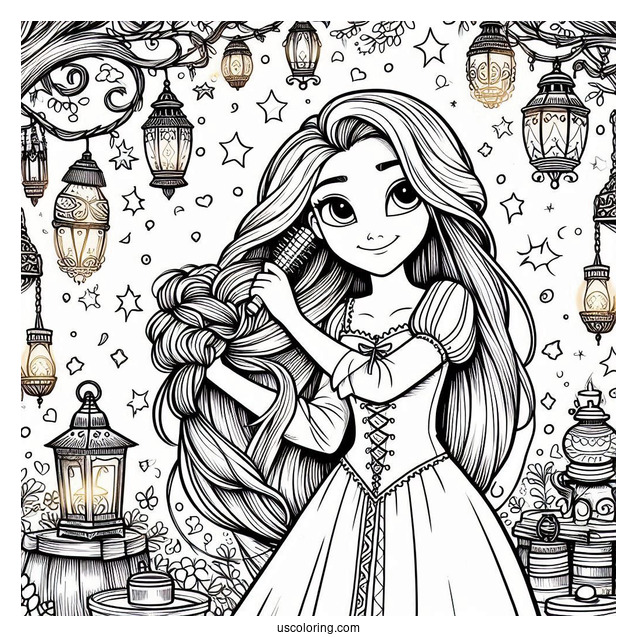 Rapunzel Brushing Hair With Lanterns In The Background