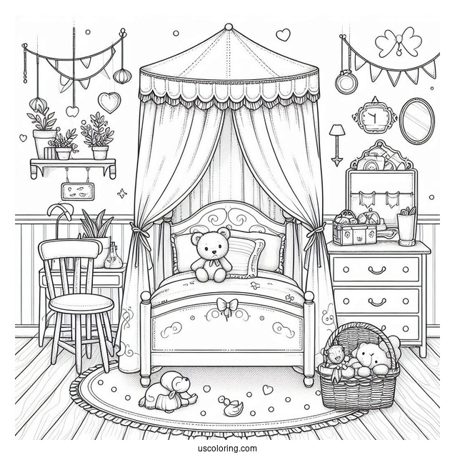Quaint Bedroom Coloring Page With Canopy, Armchair, And Stuffed Toys
