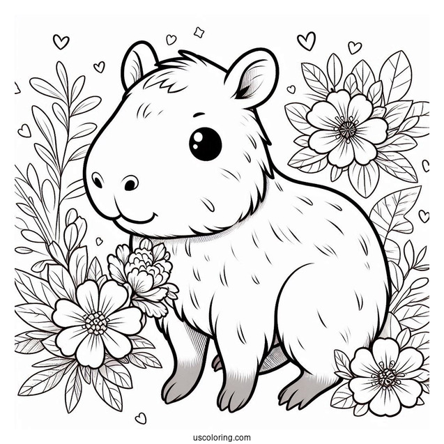 Cute Capybara Coloring Page With Flowers For Kids